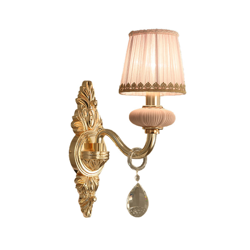 Fabric Pink Wall Light Cone 1/2-Bulb Rural Wall Sconce Lighting Fixture with Clear Crystal Drop Clearhalo 'Wall Lamps & Sconces' 'Wall Lights' Lighting' 885980