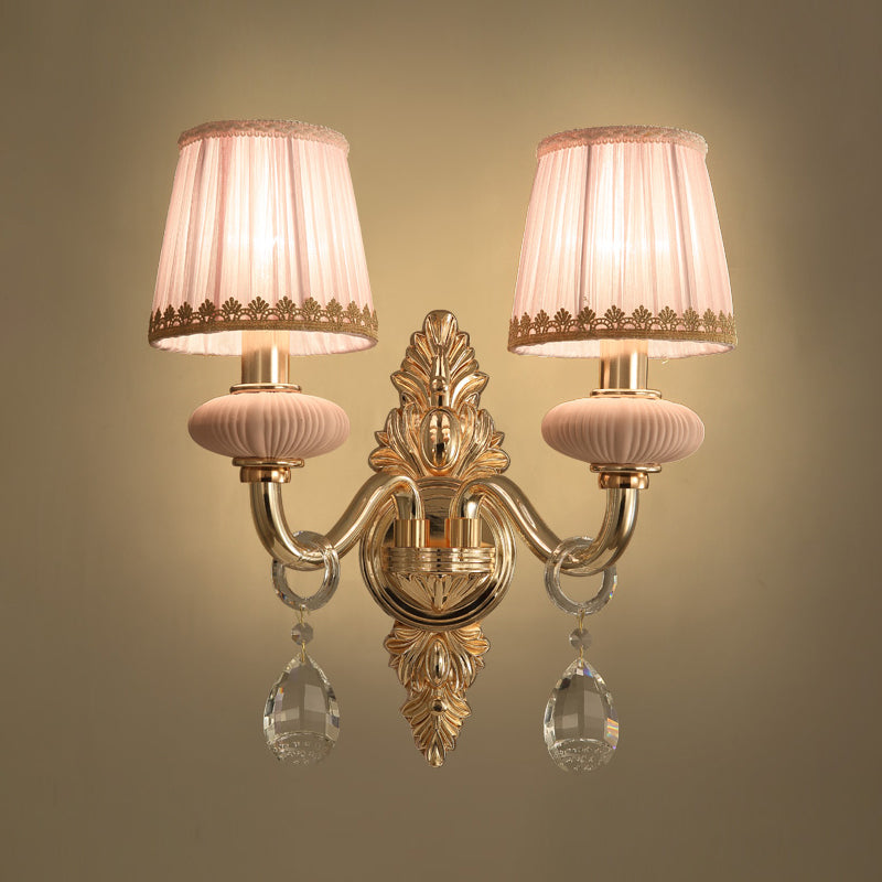 Fabric Pink Wall Light Cone 1/2-Bulb Rural Wall Sconce Lighting Fixture with Clear Crystal Drop Clearhalo 'Wall Lamps & Sconces' 'Wall Lights' Lighting' 885986