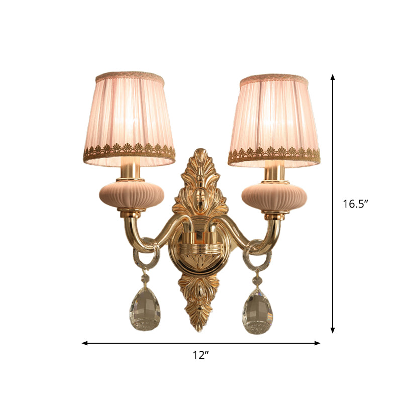 Fabric Pink Wall Light Cone 1/2-Bulb Rural Wall Sconce Lighting Fixture with Clear Crystal Drop Clearhalo 'Wall Lamps & Sconces' 'Wall Lights' Lighting' 885987