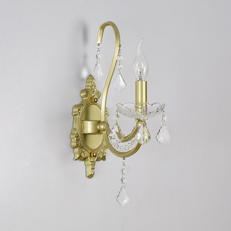 Rural Candle Wall Sconce Lamp 1/2-Head Crystal Wall Lighting Fixture in Gold for Living Room Clearhalo 'Wall Lamps & Sconces' 'Wall Lights' Lighting' 885990