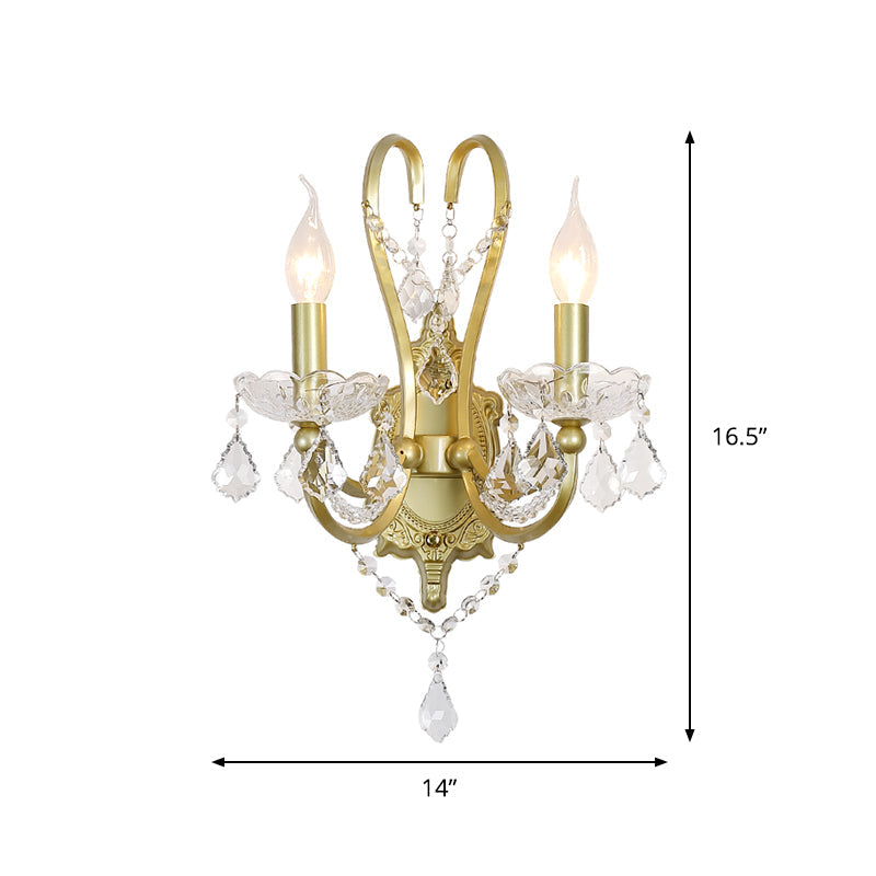 Rural Candle Wall Sconce Lamp 1/2-Head Crystal Wall Lighting Fixture in Gold for Living Room Clearhalo 'Wall Lamps & Sconces' 'Wall Lights' Lighting' 885996