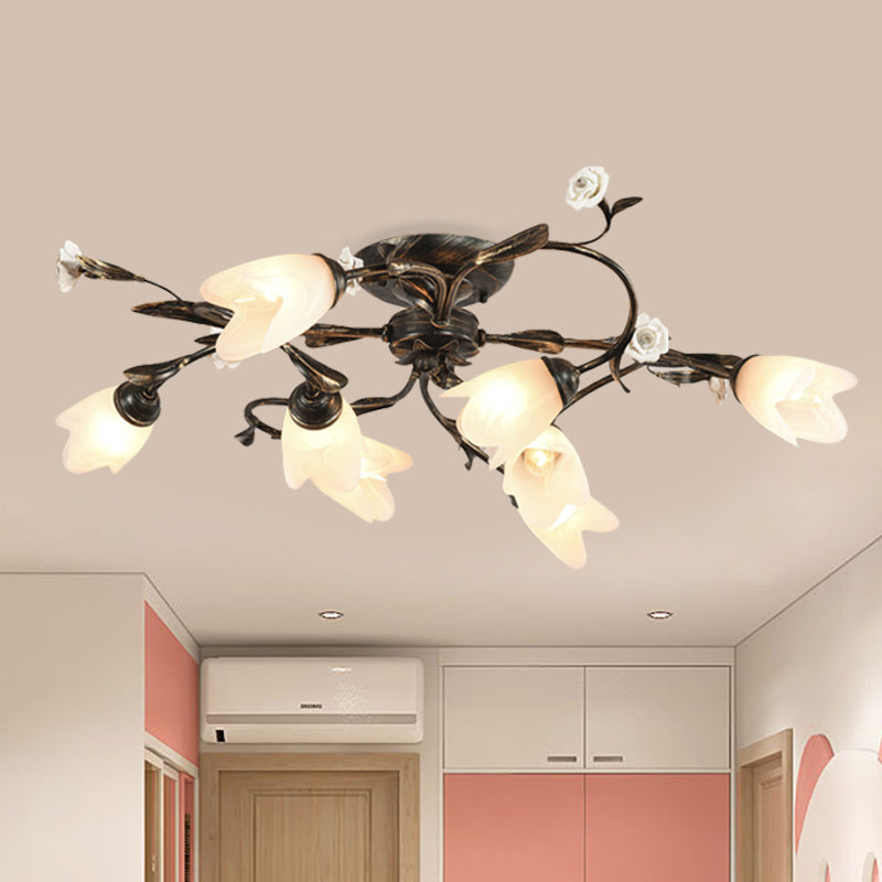 American Garden Flowers Ceiling Light 4/6/8 Heads Cream Glass Semi Flush Mount Lighting in Bronze 8 Bronze Clearhalo 'Ceiling Lights' 'Close To Ceiling Lights' 'Close to ceiling' 'Semi-flushmount' Lighting' 886346