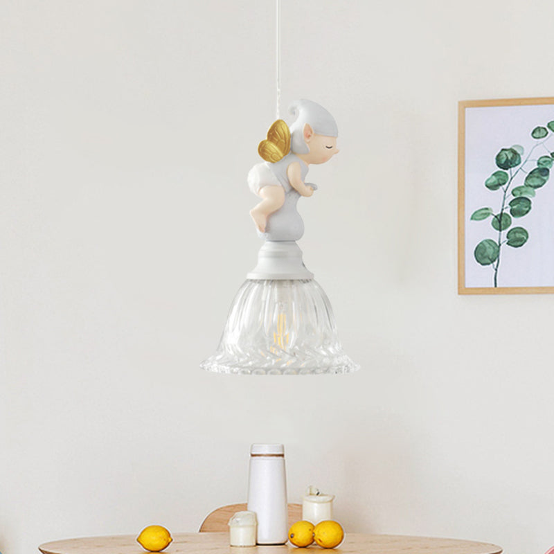 Clear Glass Bell Drop Pendant Cartoon 1 Light White Hanging Light Fixture with Butterfly Fairy Decor White Clearhalo 'Ceiling Lights' 'Glass shade' 'Glass' 'Pendant Lights' 'Pendants' Lighting' 886396