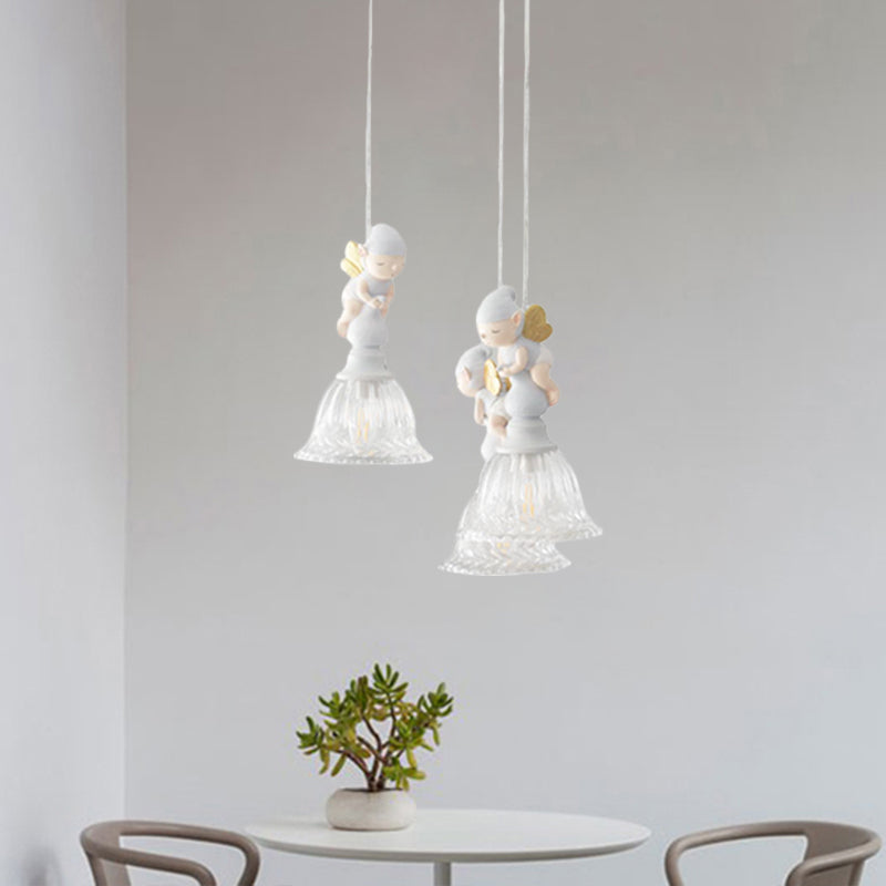 3/6-Head Multi Light Pendant Kids White Hanging Lamp with Flared Clear Glass Shade and Butterfly Fairy Decor Clearhalo 'Ceiling Lights' 'Pendant Lights' 'Pendants' Lighting' 886419