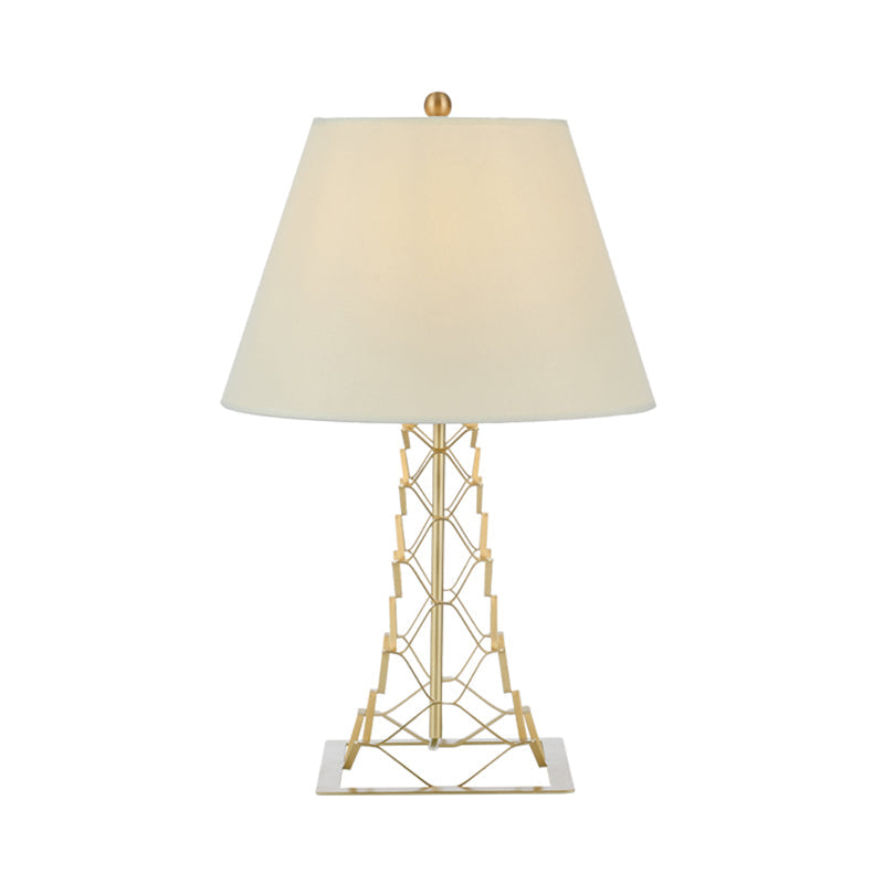 Tower-Like Frame Table Lighting Modern Metal 1-Bulb Gold Finish Night Lamp with Conic White Fabric Shade Clearhalo 'Lamps' 'Table Lamps' Lighting' 886636