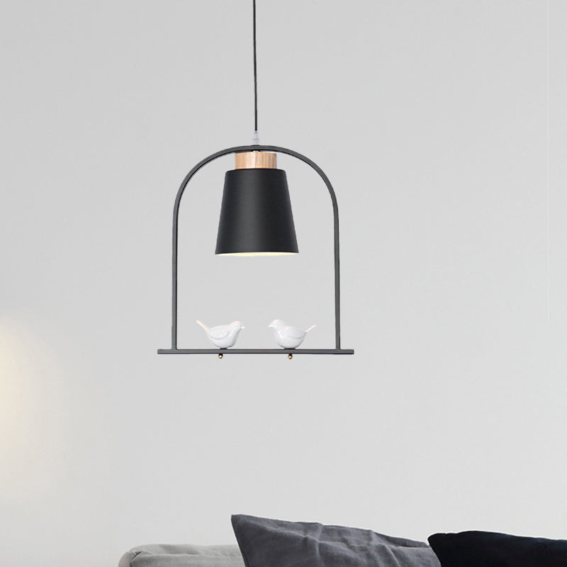 Bird Cage Shape Metal Down Lighting Macaron 1 Head White/Black/Grey Finish Pendulum Lamp with Small Barrel Shade Black Clearhalo 'Ceiling Lights' 'Modern Pendants' 'Modern' 'Pendant Lights' 'Pendants' Lighting' 886675