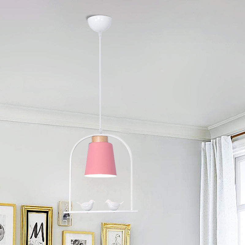 Bird Cage Shape Metal Down Lighting Macaron 1 Head White/Black/Grey Finish Pendulum Lamp with Small Barrel Shade Clearhalo 'Ceiling Lights' 'Modern Pendants' 'Modern' 'Pendant Lights' 'Pendants' Lighting' 886684