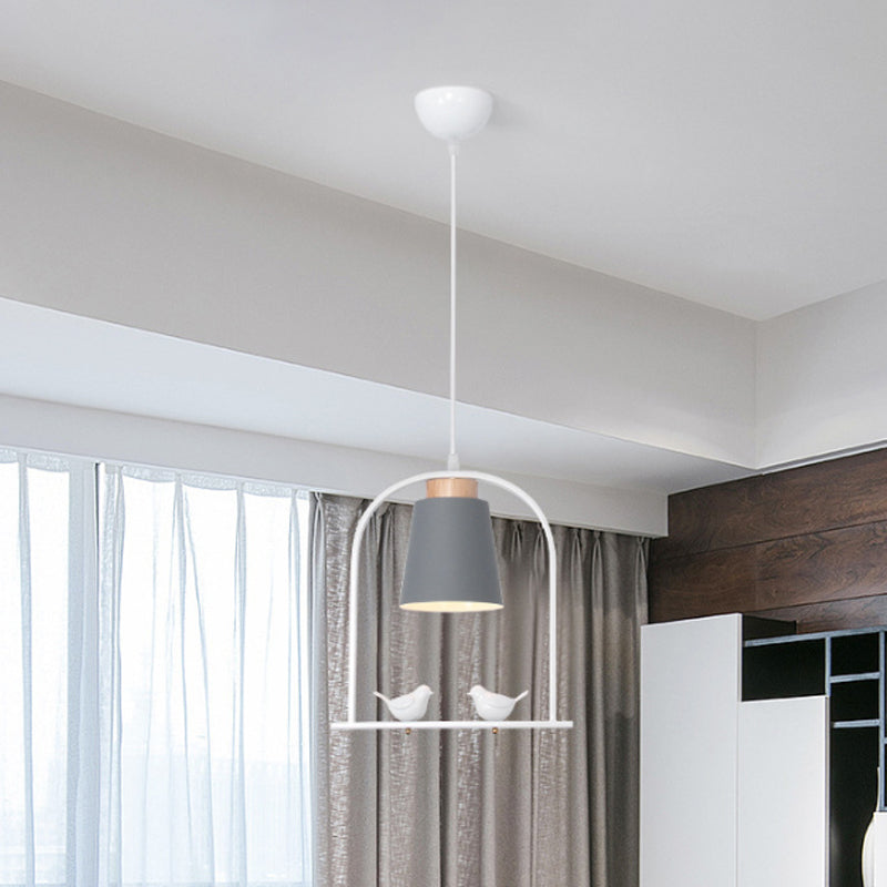 Bird Cage Shape Metal Down Lighting Macaron 1 Head White/Black/Grey Finish Pendulum Lamp with Small Barrel Shade Grey Clearhalo 'Ceiling Lights' 'Modern Pendants' 'Modern' 'Pendant Lights' 'Pendants' Lighting' 886692