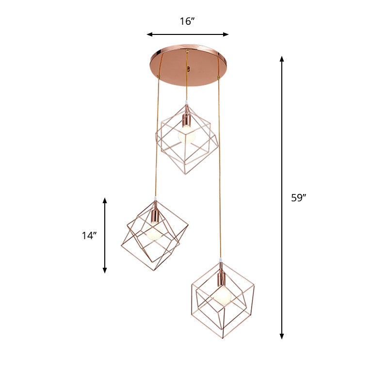 Rose Gold Finish Cube Cage Multi Ceiling Light Modern 3 Bulbs Iron Ceiling Suspension Lamp with Round Canopy Clearhalo 'Ceiling Lights' 'Modern Pendants' 'Modern' 'Pendant Lights' 'Pendants' Lighting' 886762