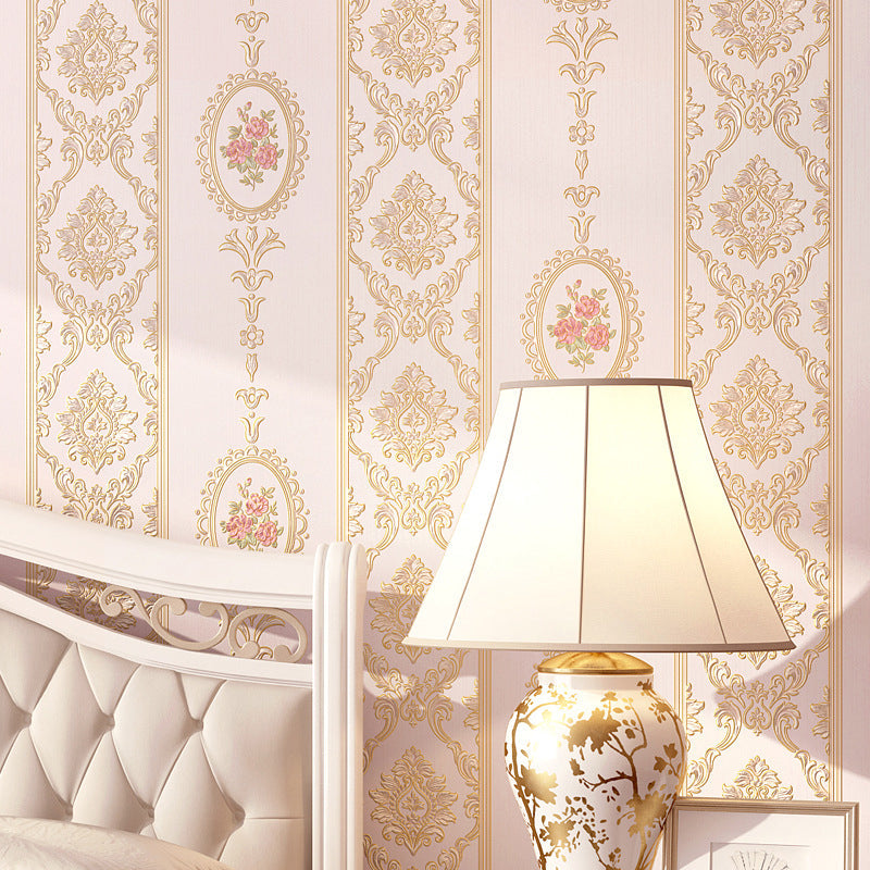 Romantic Flower Design Wallpaper Non-Woven Decorative Vertical Stripe Wall Covering, 20.5