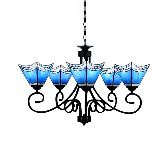 5 Lights Trapezoid Chandelier Lighting Blue Glass Nautical Pendant Light for Living Room Blue Clearhalo 'Ceiling Lights' 'Chandeliers' 'Close To Ceiling Lights' 'Industrial' 'Middle Century Chandeliers' 'Tiffany Chandeliers' 'Tiffany close to ceiling' 'Tiffany' Lighting' 88777