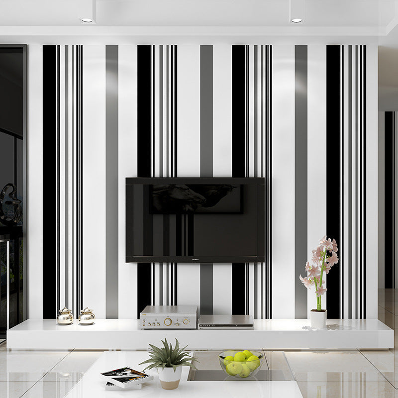 Black and White Wallpaper Non-Woven Decorative Wall Covering Vertical Rectangle Bars of Irregular Patterns, 33'L x 20.5