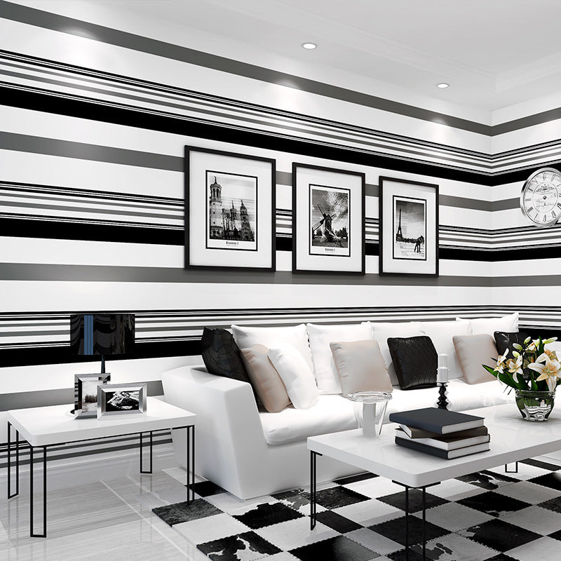 Black and White Wallpaper Non-Woven Decorative Wall Covering Vertical Rectangle Bars of Irregular Patterns, 33'L x 20.5