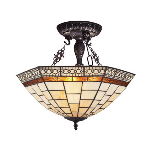 Traditional Bowl Semi Flush Mount Stained Glass Living Room Semi Flush Light in Beige Beige Clearhalo 'Ceiling Lights' 'Close To Ceiling Lights' 'Close to ceiling' 'Glass shade' 'Glass' 'Pendant Lights' 'Semi-flushmount' 'Tiffany close to ceiling' 'Tiffany' Lighting' 88872