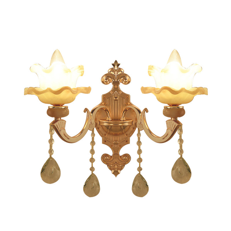 Swooping Arm Crystal Wall Sconce 2 Bulbs Living Room Wall Lamp in Gold with Frosted Glass Shade Clearhalo 'Modern wall lights' 'Modern' 'Wall Lamps & Sconces' 'Wall Lights' Lighting' 889028