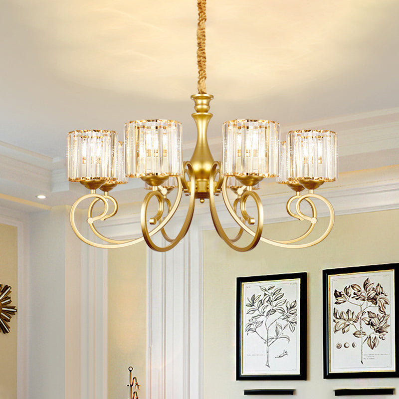 Vintage Cylindrical Chandelier Lighting 8-Head Clear Crystal Block Suspension Light in Gold Gold Clearhalo 'Ceiling Lights' 'Chandeliers' Lighting' options 889157_e7db0ac2-5dc6-4394-a521-e8ab7becc7f2