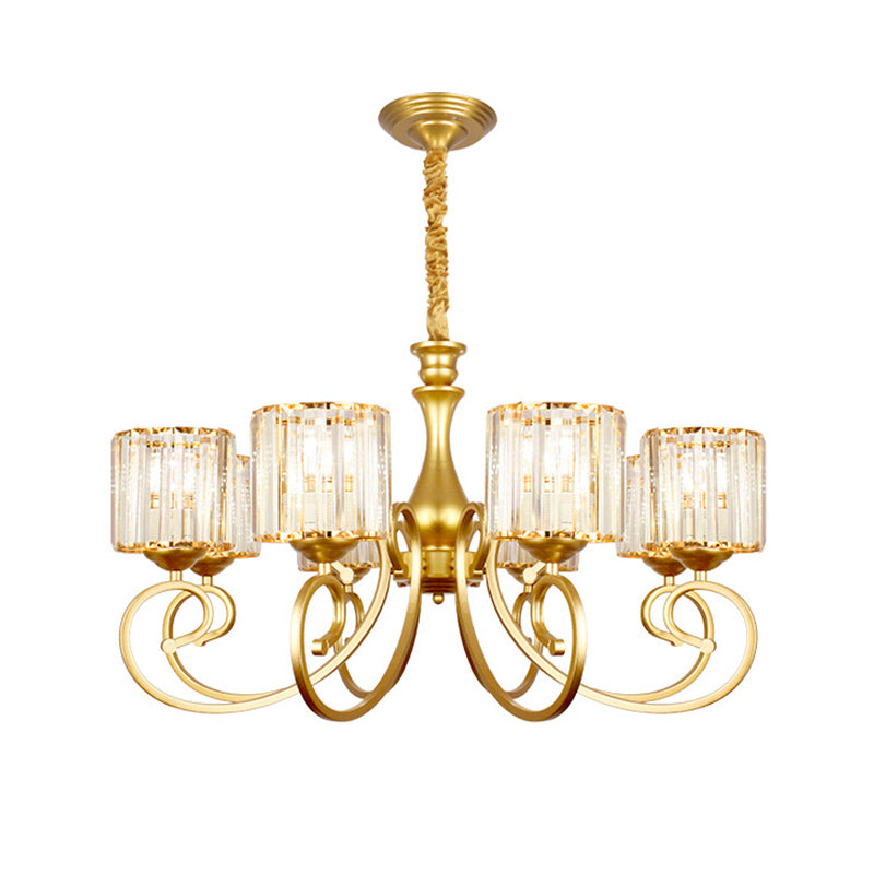 Vintage Cylindrical Chandelier Lighting 8-Head Clear Crystal Block Suspension Light in Gold Clearhalo 'Ceiling Lights' 'Chandeliers' Lighting' options 889158