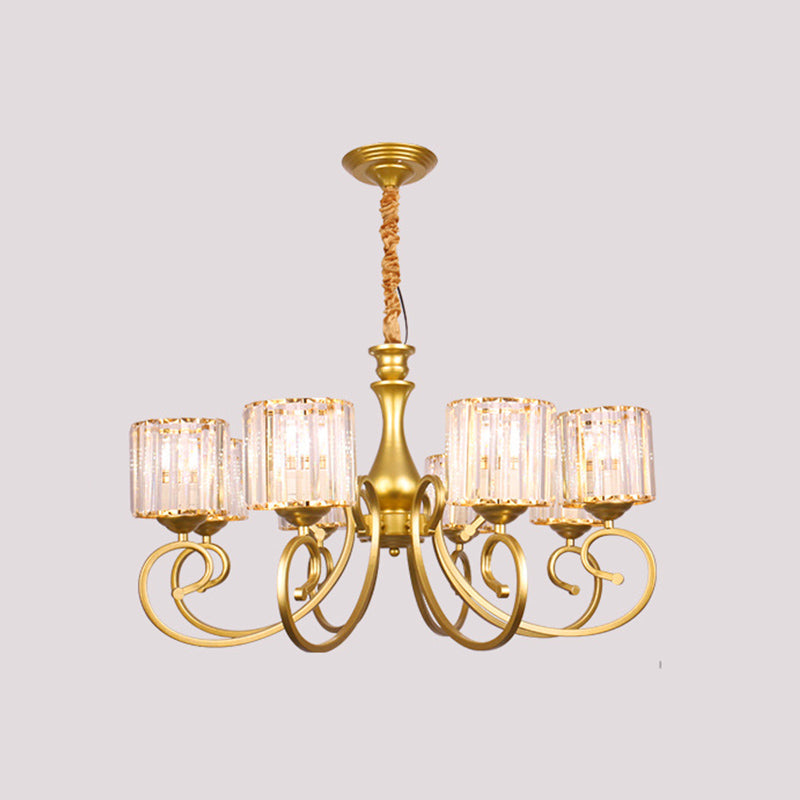 Vintage Cylindrical Chandelier Lighting 8-Head Clear Crystal Block Suspension Light in Gold Clearhalo 'Ceiling Lights' 'Chandeliers' Lighting' options 889159