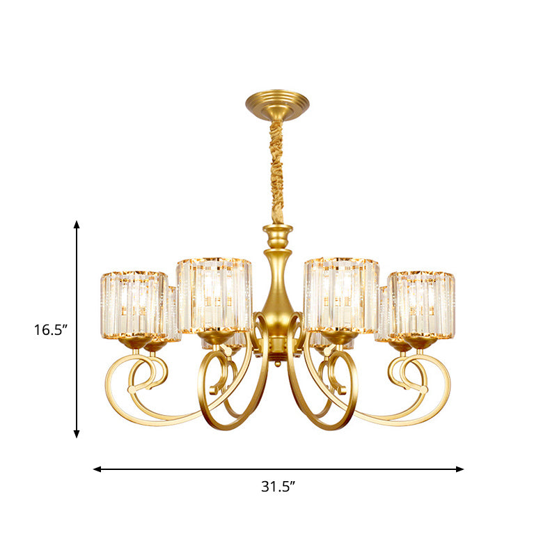 Vintage Cylindrical Chandelier Lighting 8-Head Clear Crystal Block Suspension Light in Gold Clearhalo 'Ceiling Lights' 'Chandeliers' Lighting' options 889160