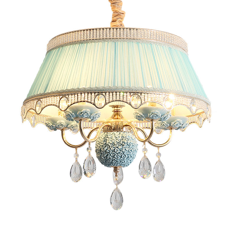 5 Bulbs Candlestick Hanging Light Pastoral Style Pink/Blue/Light-Beige Ceramic Chandelier with Pleated Lamp Shade Clearhalo 'Ceiling Lights' 'Chandeliers' Lighting' options 889249