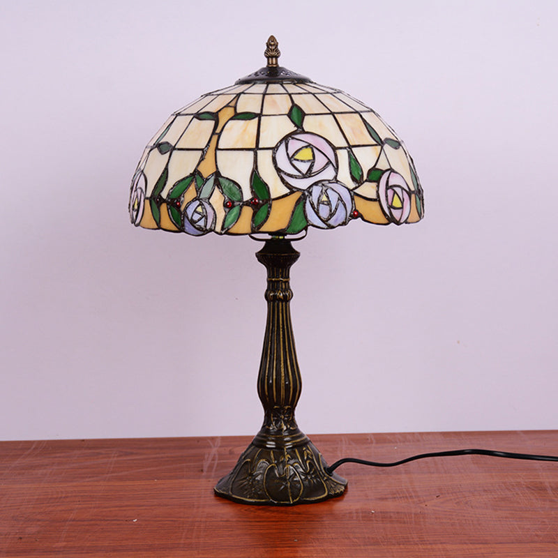 1-Head Bedside Nightstand Lamp Tiffany Bronze Table Light with Rose Patterned Grid Stained Glass Shade Bronze Clearhalo 'Lamps' 'Table Lamps' Lighting' 889323