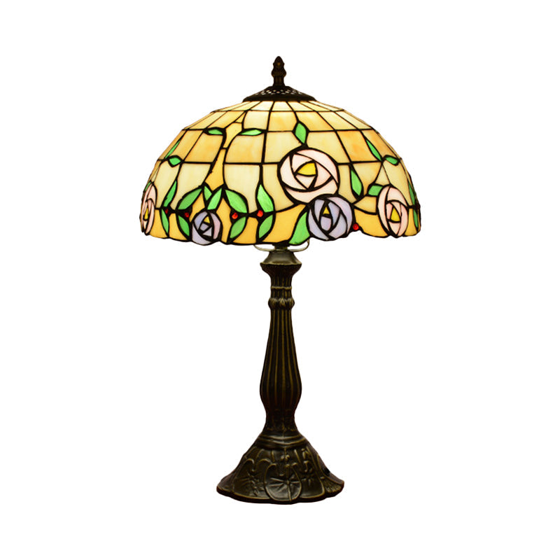 1-Head Bedside Nightstand Lamp Tiffany Bronze Table Light with Rose Patterned Grid Stained Glass Shade Clearhalo 'Lamps' 'Table Lamps' Lighting' 889325