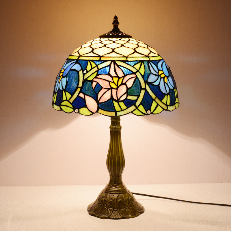 Daffodils Blue Glass Night Light Mediterranean 1-Light Bronze Table Lighting with Fishscale Element Bronze Clearhalo 'Lamps' 'Table Lamps' Lighting' 889339