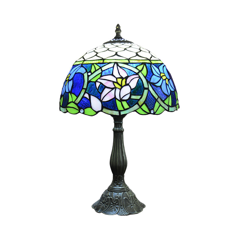 Daffodils Blue Glass Night Light Mediterranean 1-Light Bronze Table Lighting with Fishscale Element Clearhalo 'Lamps' 'Table Lamps' Lighting' 889341