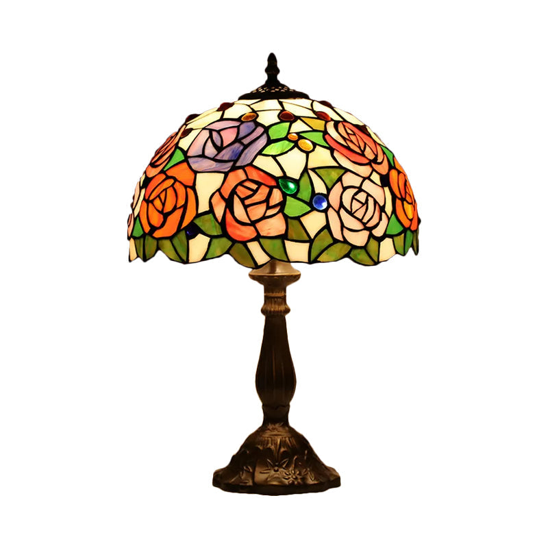 Bronze 1 Bulb Table Lighting Tiffany Rose Blossom Cut Glass Night Stand Lamp with Cabochons Gemstones Clearhalo 'Lamps' 'Table Lamps' Lighting' 889344
