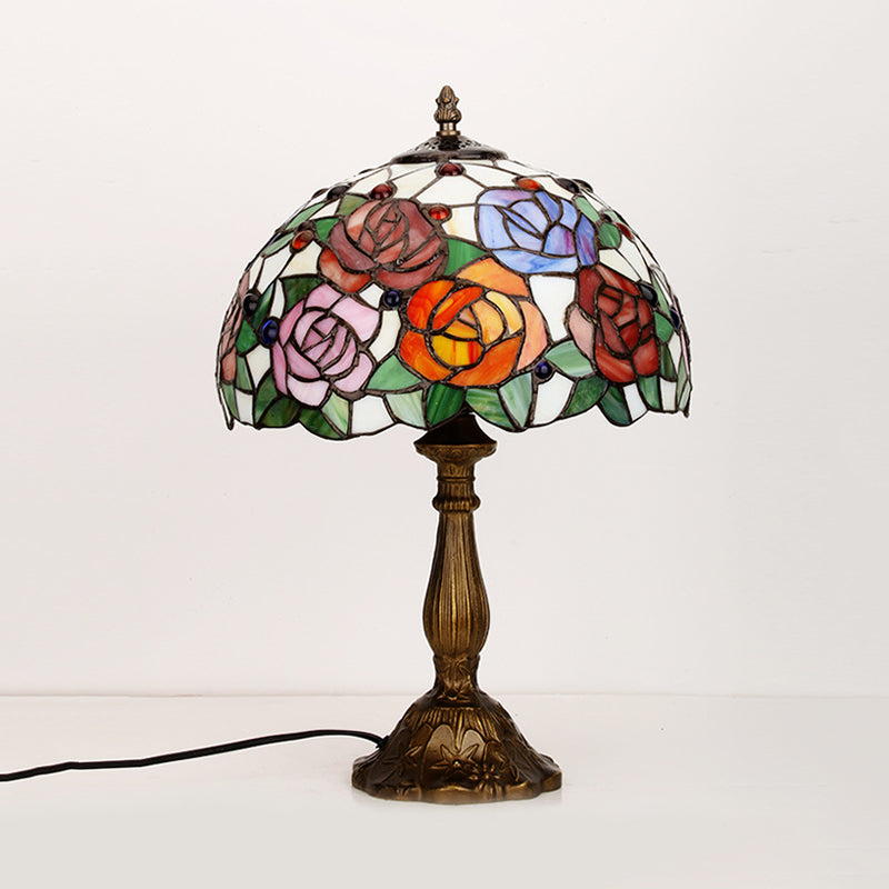 Bronze 1 Bulb Table Lighting Tiffany Rose Blossom Cut Glass Night Stand Lamp with Cabochons Gemstones Clearhalo 'Lamps' 'Table Lamps' Lighting' 889345