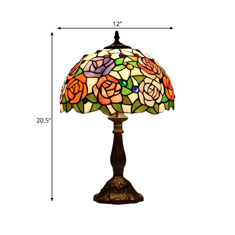 Bronze 1 Bulb Table Lighting Tiffany Rose Blossom Cut Glass Night Stand Lamp with Cabochons Gemstones Clearhalo 'Lamps' 'Table Lamps' Lighting' 889346