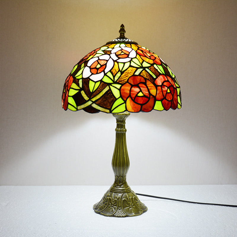 Victorian Style Flower Table Lamp 1 Head Red/Orange Stained Glass Nightstand Light for Bedroom Orange Clearhalo 'Lamps' 'Table Lamps' Lighting' 889347