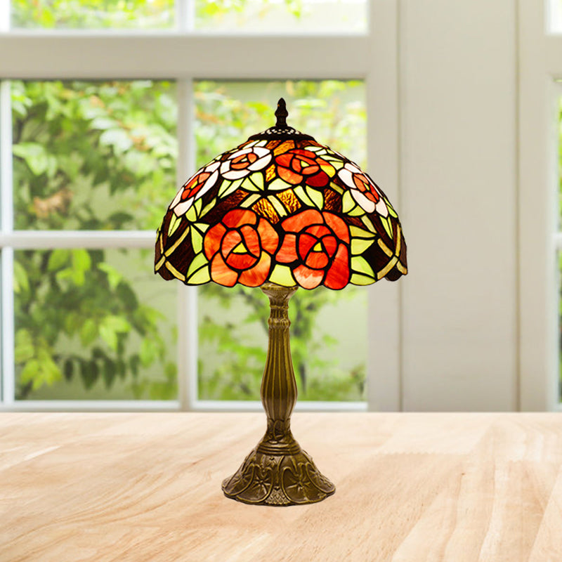 Victorian Style Flower Table Lamp 1 Head Red/Orange Stained Glass Nightstand Light for Bedroom Clearhalo 'Lamps' 'Table Lamps' Lighting' 889348