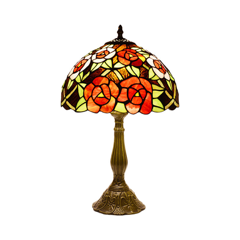 Victorian Style Flower Table Lamp 1 Head Red/Orange Stained Glass Nightstand Light for Bedroom Clearhalo 'Lamps' 'Table Lamps' Lighting' 889349