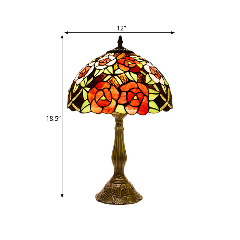 Victorian Style Flower Table Lamp 1 Head Red/Orange Stained Glass Nightstand Light for Bedroom Clearhalo 'Lamps' 'Table Lamps' Lighting' 889350