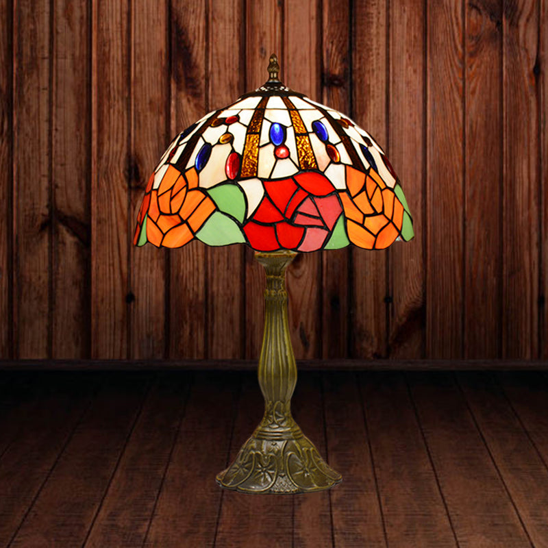 Victorian Style Flower Table Lamp 1 Head Red/Orange Stained Glass Nightstand Light for Bedroom Red Clearhalo 'Lamps' 'Table Lamps' Lighting' 889351