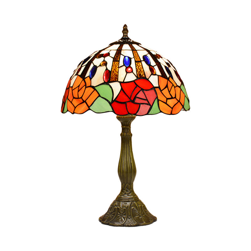 Victorian Style Flower Table Lamp 1 Head Red/Orange Stained Glass Nightstand Light for Bedroom Clearhalo 'Lamps' 'Table Lamps' Lighting' 889354