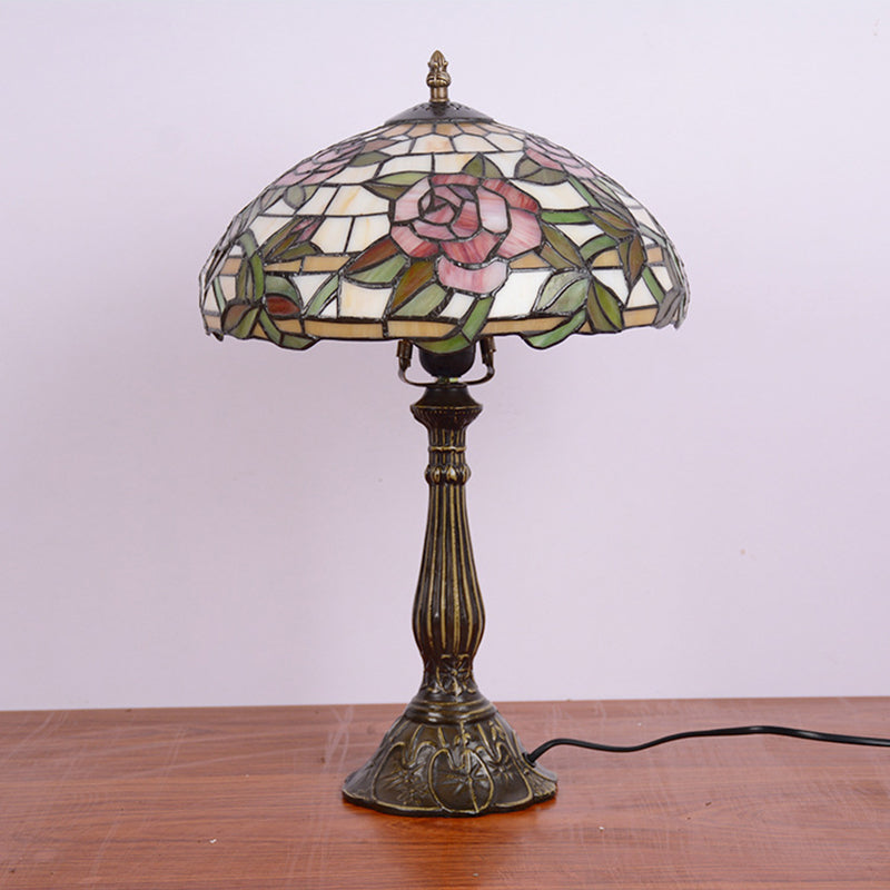 Single-Bulb Night Stand Lamp Tiffany Bowl Shade Stained Glass Table Lighting with Rose Pattern Bronze Clearhalo 'Lamps' 'Table Lamps' Lighting' 889355