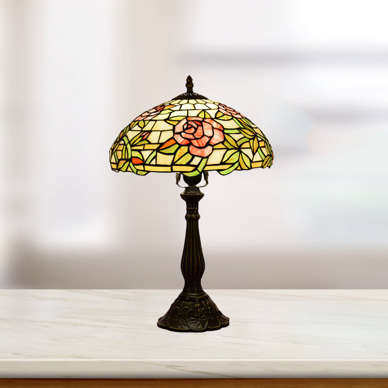 Single-Bulb Night Stand Lamp Tiffany Bowl Shade Stained Glass Table Lighting with Rose Pattern Clearhalo 'Lamps' 'Table Lamps' Lighting' 889356