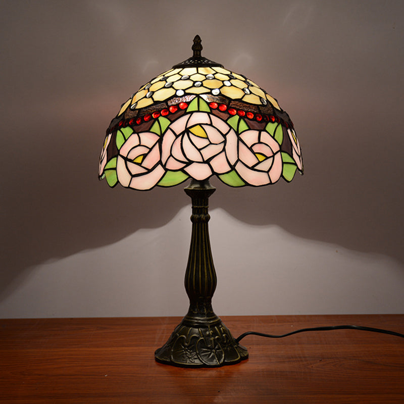 Peony Blossom Table Light Tiffany Handcrafted Pink/Orange Glass Single Bronze Night Lamp Pink Clearhalo 'Lamps' 'Table Lamps' Lighting' 889363