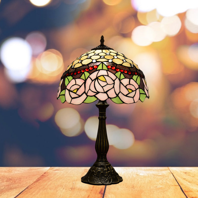 Peony Blossom Table Light Tiffany Handcrafted Pink/Orange Glass Single Bronze Night Lamp Clearhalo 'Lamps' 'Table Lamps' Lighting' 889365