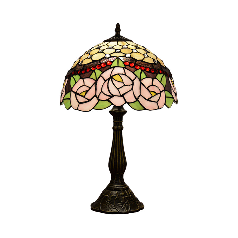 Peony Blossom Table Light Tiffany Handcrafted Pink/Orange Glass Single Bronze Night Lamp Clearhalo 'Lamps' 'Table Lamps' Lighting' 889366