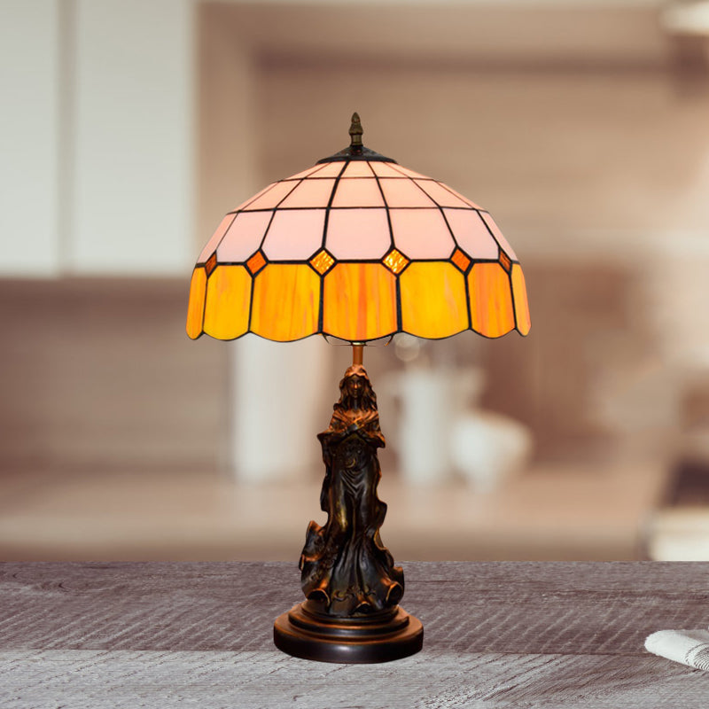 Resin Bronze Night Stand Light Angel Girl 1 Head Vintage Table Lamp with Orange and White Grid Glass Shade Clearhalo 'Lamps' 'Table Lamps' Lighting' 889368