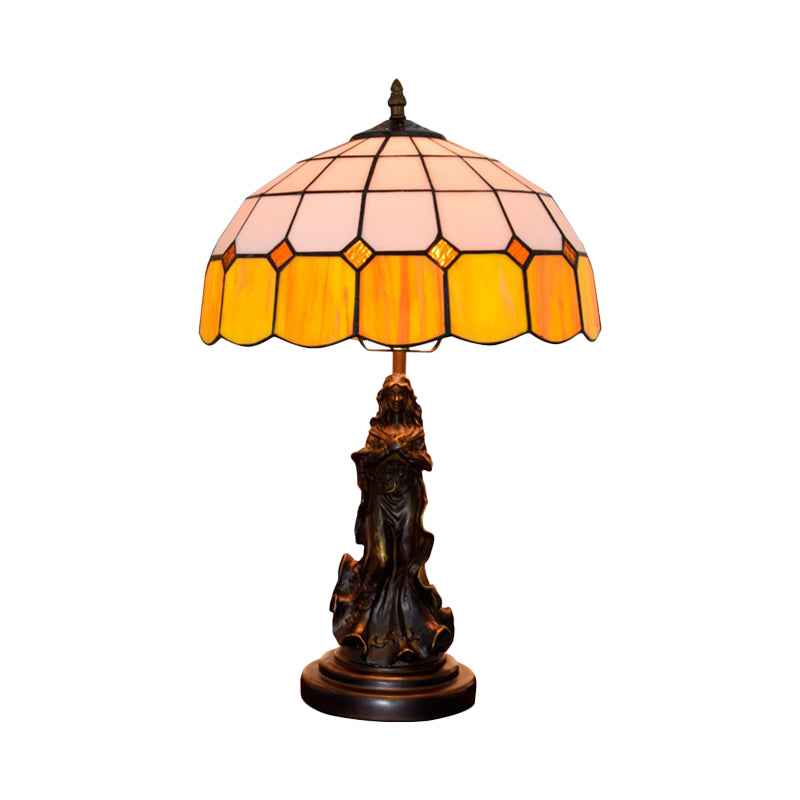 Resin Bronze Night Stand Light Angel Girl 1 Head Vintage Table Lamp with Orange and White Grid Glass Shade Clearhalo 'Lamps' 'Table Lamps' Lighting' 889369
