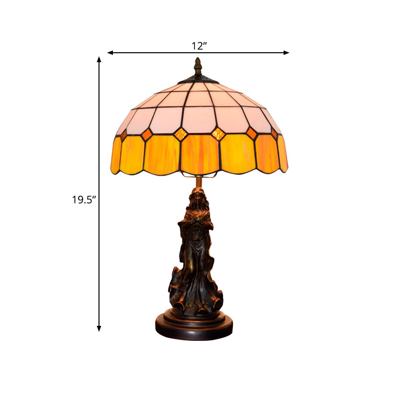 Resin Bronze Night Stand Light Angel Girl 1 Head Vintage Table Lamp with Orange and White Grid Glass Shade Clearhalo 'Lamps' 'Table Lamps' Lighting' 889370