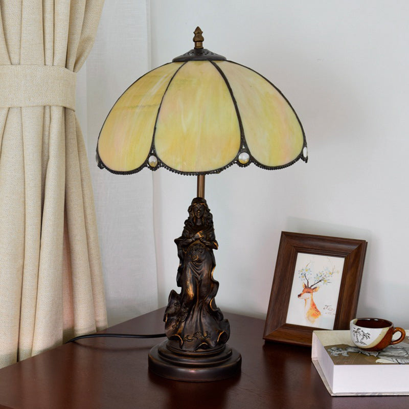 Baroque Petals Nightstand Lamp Single-Bulb Yellow Glass Table Lighting with Carved Lady Base Yellow Clearhalo 'Lamps' 'Table Lamps' Lighting' 889371