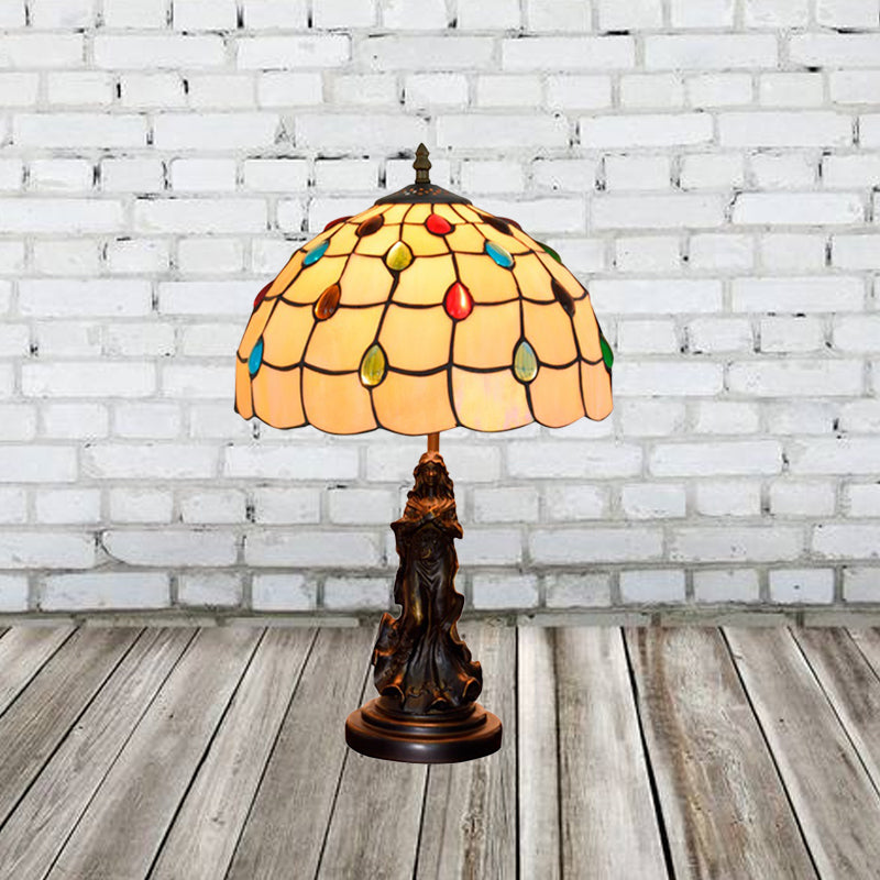 Cabochons-Embellished Grid Night Light 1-Light White/Beige Glass Tiffany Table Lamp with Angel Decor Beige Clearhalo 'Lamps' 'Table Lamps' Lighting' 889375