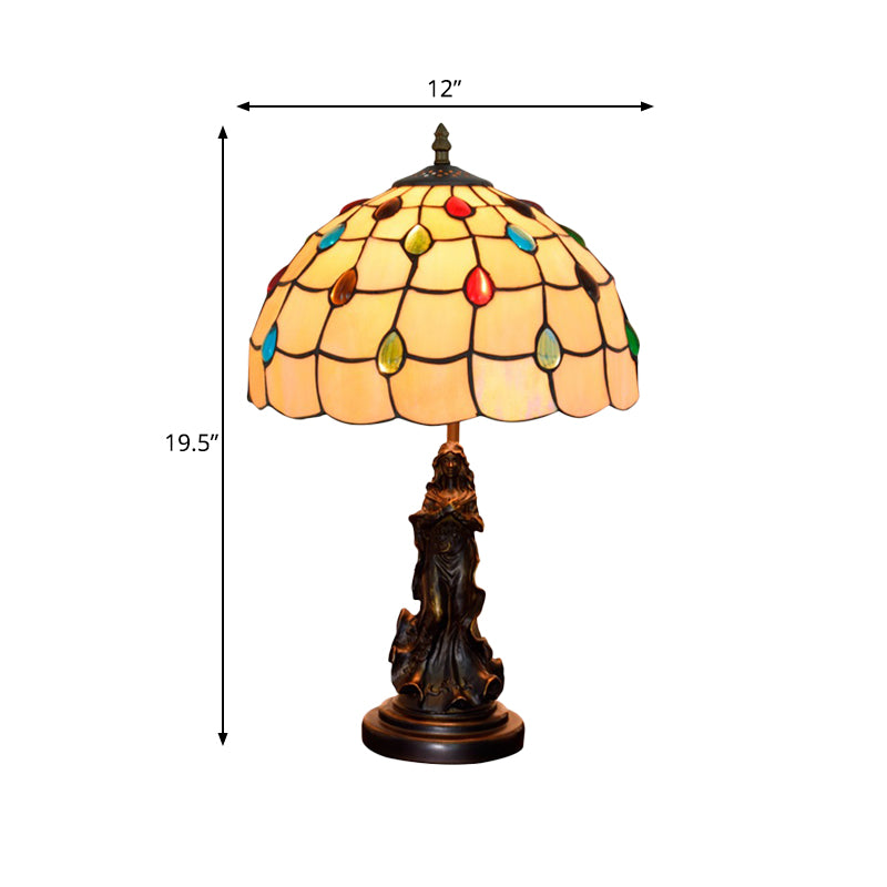 Cabochons-Embellished Grid Night Light 1-Light White/Beige Glass Tiffany Table Lamp with Angel Decor Clearhalo 'Lamps' 'Table Lamps' Lighting' 889378