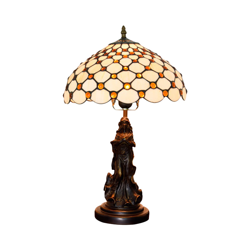 Cabochons-Embellished Grid Night Light 1-Light White/Beige Glass Tiffany Table Lamp with Angel Decor Clearhalo 'Lamps' 'Table Lamps' Lighting' 889381