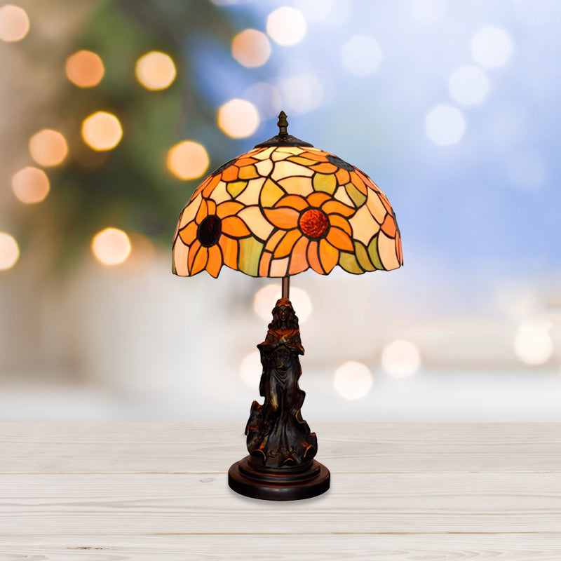 Sunflower Orange Glass Table Light Victorian Style 1 Head Bronze Nightstand Lamp with Resin Maid Base Bronze Clearhalo 'Lamps' 'Table Lamps' Lighting' 889383